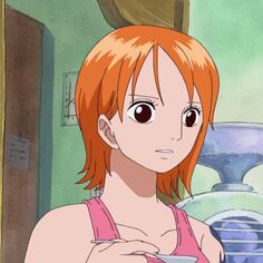 an anime character with red hair and brown eyes holding a cell phone in her hand