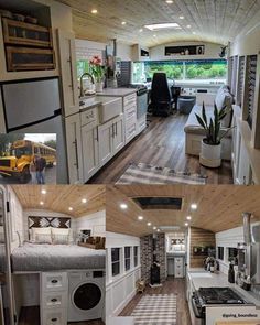 this is an image of a kitchen and living room in a mobile home or rv