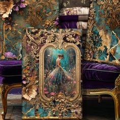 an image of a woman in a blue dress with flowers on the wall next to a purple chair