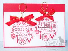 an ornament with two red bows on it is attached to a card that says celebrate this season