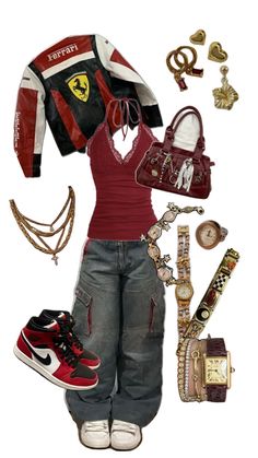 red top gold jewelry jordan's baggy jeans ferrari jacket Ferrari Jacket, Red Top, Baggy Jeans, Ferrari, Gold Jewelry, Outfit Inspo, Red, Clothes