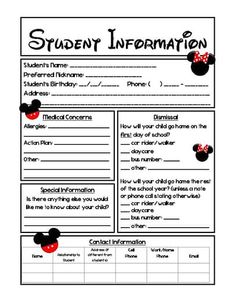 the student information sheet for mickey mouse's birthday is shown in black and white