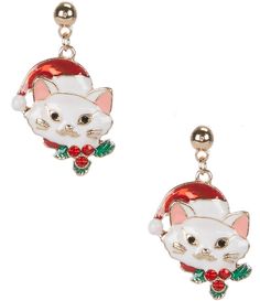 From Merry & Bright&#x2C; these earrings feature:Stud earringsGold tone platingPost closureApprox. 1.5" L x 1" WImported. Cat Stud Earrings, Santa Cat, Cat Earrings Studs, Merry Bright Christmas, Earrings Acrylic, Bright Christmas, Christmas Earrings, Accessories Jewelry Earrings, Dillard's