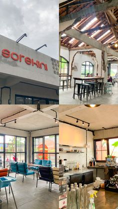 there are many different pictures of the inside of a building that has been converted into a restaurant