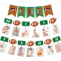 a football themed first birthday party banner with photos and numbers on it, including the number one