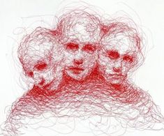 an artistic drawing of three skulls with red ink on white paper, in front of a black and white background