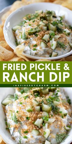 A perfect party snack food! Nothing beats this homemade fried pickle and ranch dip. This easy appetizer recipe for party is sure to be a crowd-pleaser. Creamy and savory with a tangy crunch, this fried pickle dip is a delicious game day recipe! Deep Fried Pickles With Cream Cheese, Fried Pickle And Ranch Dip, Fall Dips And Appetizers, Pickle Ideas, Pickle Ranch, Easy Fried Pickles, Pickles Recipes, Fun Appetizers, Dips Appetizers