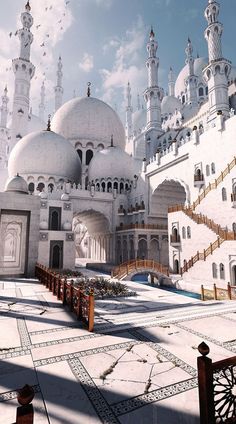 an artist's rendering of a large white building with many spires and arches