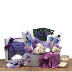 Treat your loved one with our high end Spa Gift Box that instills comfort, warmth and serenity. Spark memories and create fun festive feelings of relaxation and calm. Our Lavender Spa box is the perfect gift for Birthday, Mother€™s Day, Anniversary, Thank You, or for no reason at all. Your gift will leave a lasting impression as they continue to use and enjoy this hand crafted spa gift box. All of our bath products are created with nourishing ingredients including Shea Butter and Vitamin E to gi Hygiene Basket, Bath Gift Basket, Spa Gift Baskets, Lavender Body Lotion, Drawer Sachets, Spa Basket, Lavender Sky, Lavender Spa, Boyfriend Gift Basket