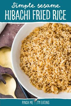 a white bowl filled with fried rice next to spoons and a blue background that says simple sesame hibasi fried rice