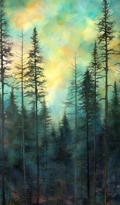 an oil painting of trees in the woods at sunset with clouds and sun coming up