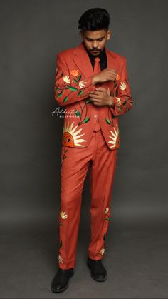 Elevate your style with our bespoke men's orange cotton 2-piece suit, tailored for weddings, cocktail parties, or proms. Featuring intricate embroidery, this ensemble blends sophistication with personalized details, ensuring a distinguished and charming appearance for any special event.  Features: -Custom Made -Premium Cotton Fabric -Premium Embroidered  -Notch Lapel -Double Button Closure -Functional Cuffs -Embroidered Pants -Comfortable And Breathable Poppy Flower Embroidery, 1970s Mens Fashion, Western Frontier, 1970s Men, Never Come Back, Fashion Edgy, Mens Fashion Edgy