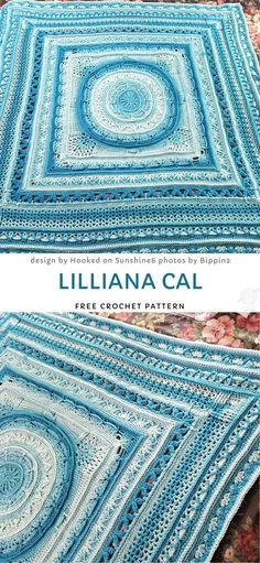 a blue crocheted afghan with the words lilanna cal on it