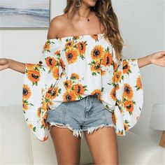 Sunflower Off Shoulder Sunflower Clothes, Bardot Blouse, White Streetwear, Baggy Tops, White Blouses, Flared Sleeves Top, Rock Chick, Fashion Curvy, Bohemian Tops