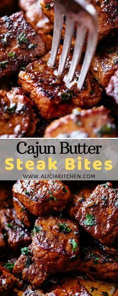 a fork sticking out of some meat bites with the words cajun butter steak bites on it