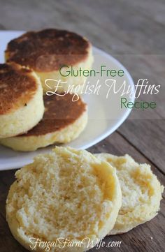 three english muffins on a white plate with the words gluten - free english muffin recipe