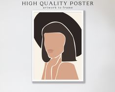 a woman with long black hair is featured in a minimalist style poster, which reads high quality poster art work to frame