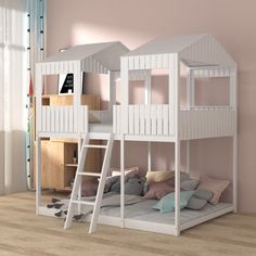 there is a white bunk bed with a ladder on the bottom and a pink wall behind it