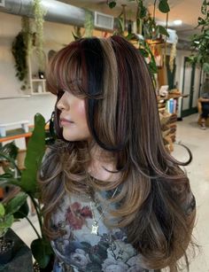 Layers And Curtain Bangs, Hair Colors For Blue Eyes, Periwinkle Hair, Calico Hair, Edgy Hair Color, Dimensional Brunette, Highlights Curly Hair, Chunky Highlights, Curly Hair Photos