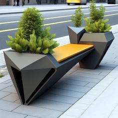 a bench with plants in it sitting on the sidewalk