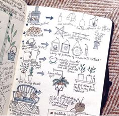 an open notebook with hand drawn doodles and plants on the pages, sitting on a couch