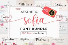 the aesthetic softa font bundle is displayed in front of many different types of flowers