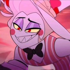 an animated character with red eyes and pink hair wearing a bow tie, looking at the camera