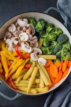 a pan filled with vegetables and mushrooms on top of a table