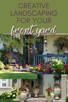 the front yard is decorated with flowers and potted plants