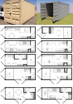 shipping container plans with the floor plan and elevation details for each section, including one bedroom