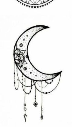 a drawing of a crescent with flowers and beads hanging from it's side, on a white background