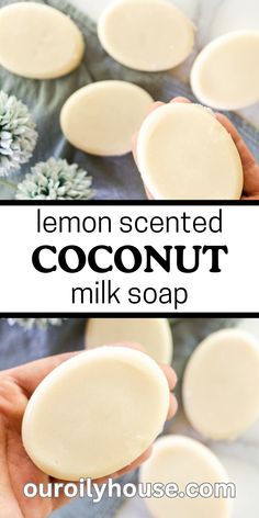 lemon scented coconut milk soap is being held up by someone's hand with the soap on