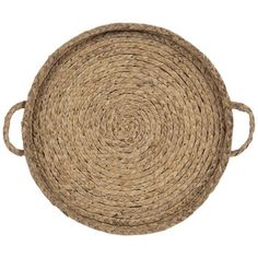 a round placemat with handles made out of jute and braided in two different colors