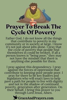 a green background with the words, prayer to break the cycle of poverty and an image of