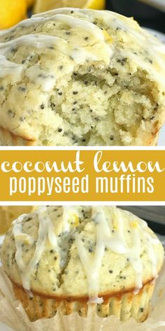 two pictures of lemon poppy seed muffins with icing