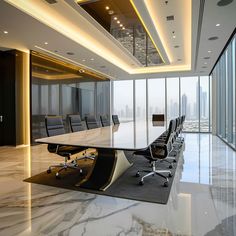 an empty conference room with large windows and marble flooring, along with black chairs