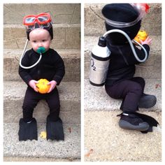 a baby sitting on the steps wearing scuba gear and holding a yellow object in his mouth