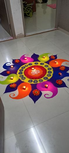 a decorated floor with candles on it