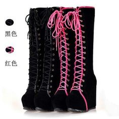 Top Rated Womens Casual Punk Lace Up Platform Wedge Heel Knee High Boots Gothic Shoes, Women's shoes Harajuku Shoes, Goth Shoes, Goth Boots, Gothic Shoes, Women High Heels, Lace Up High Heels, Prom Heels, Platform Wedge Heels, Heels Boots