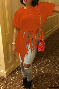 Olivia Mark - Classic Black Womens T-Shirt featuring Elegant Tassel Patchwork and Stylish Asymmetrical O-Neck Design Coffee Fashion, Orange Accents, Style Noir, Orange Fashion, Asymmetrical Design, Vibrant Orange, Wholesale Fashion, Olivia Mark, Casual T Shirts