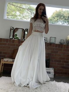 Round Neck Cap Sleeves 2 Pieces White Lace Prom Dresses, Two Pieces White Lace Formal Dresses, White Lace Evening Dresses Formal Dress White, Prom Dress Two Piece, White Lace Prom Dress, Two Piece Evening Dresses, Dress Two Pieces, Lace Long Prom Dress, Dream Prom, Prom Dresses Two Piece, Lace Formal Dress