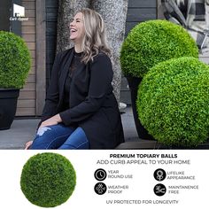 a woman sitting on the ground in front of some potted plants with words describing how to use them