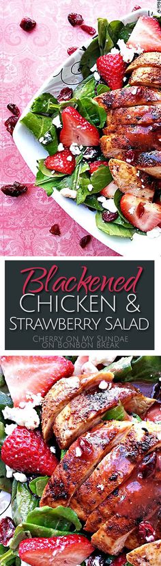 the chicken and strawberry salad is ready to be eaten on the table with strawberries