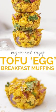 egg breakfast muffins stacked on top of each other with the words vegan and easy tofu egg breakfast muffins