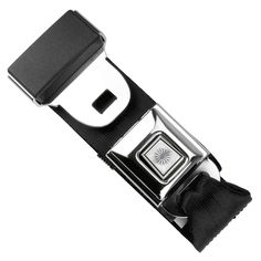 a black and white belt with a square buckle on the front, in an open position