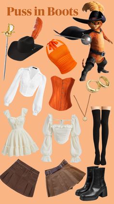 an image of various clothes and accessories for dolls in the style of cartoon character characters