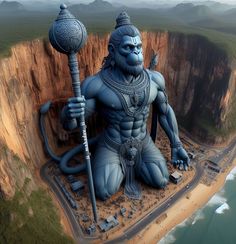 an artist's rendering of a giant blue man holding a sceptacle on top of a cliff