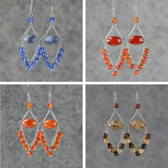 four pictures of different colored beads hanging from silver chains and dangling from earwires