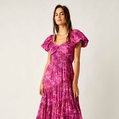 Sundrenched Maxi Dress Flowy Colorful Pattern Maxi Dress, Colorful Flowy Vibrant Maxi Dress, Pink Floor-length Maxi Sundress, Pink Floral Print A-line Maxi Dress, Free People Aesthetic, Pink V-neck Maxi Dress With Vibrant Print, Floral Pattern Dress, Pretty Prom Dresses, Wedding Guest