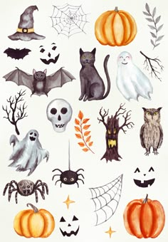 watercolor halloween stickers on white paper with pumpkins, bats and other decorations